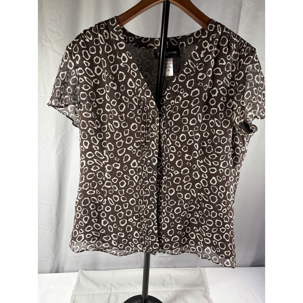 Jones New York Silk Blouse Size 12 Womans Brown/Cream Short Sleeve Buttons